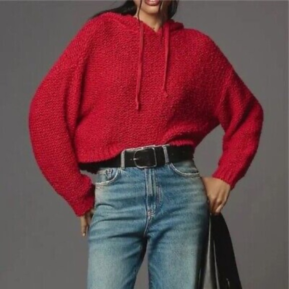 Pilcro Anthropologie Sailcloth Hooded Sweater Raspberry Red Sz Small Loose Knit